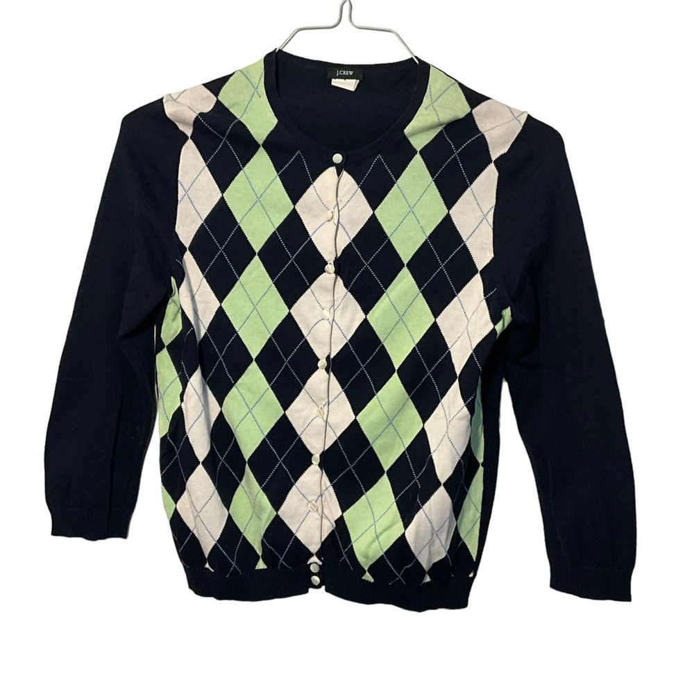 J. Crew Classic Argyle Cardigan 3/4 Sleeves Button Down 100% Cotton Women’s M